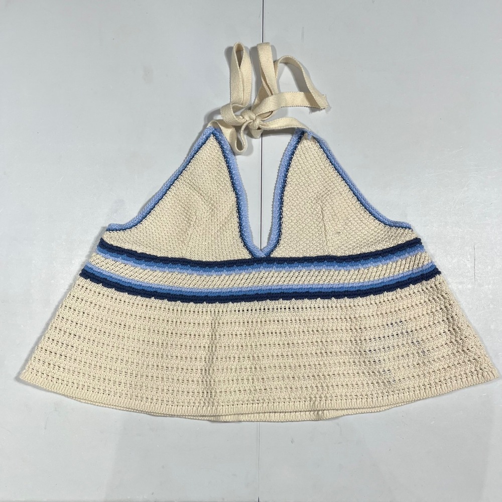 Arizona Y2K Crochet Halter Top Striped Cotton Knit Womens Large Boho Festival